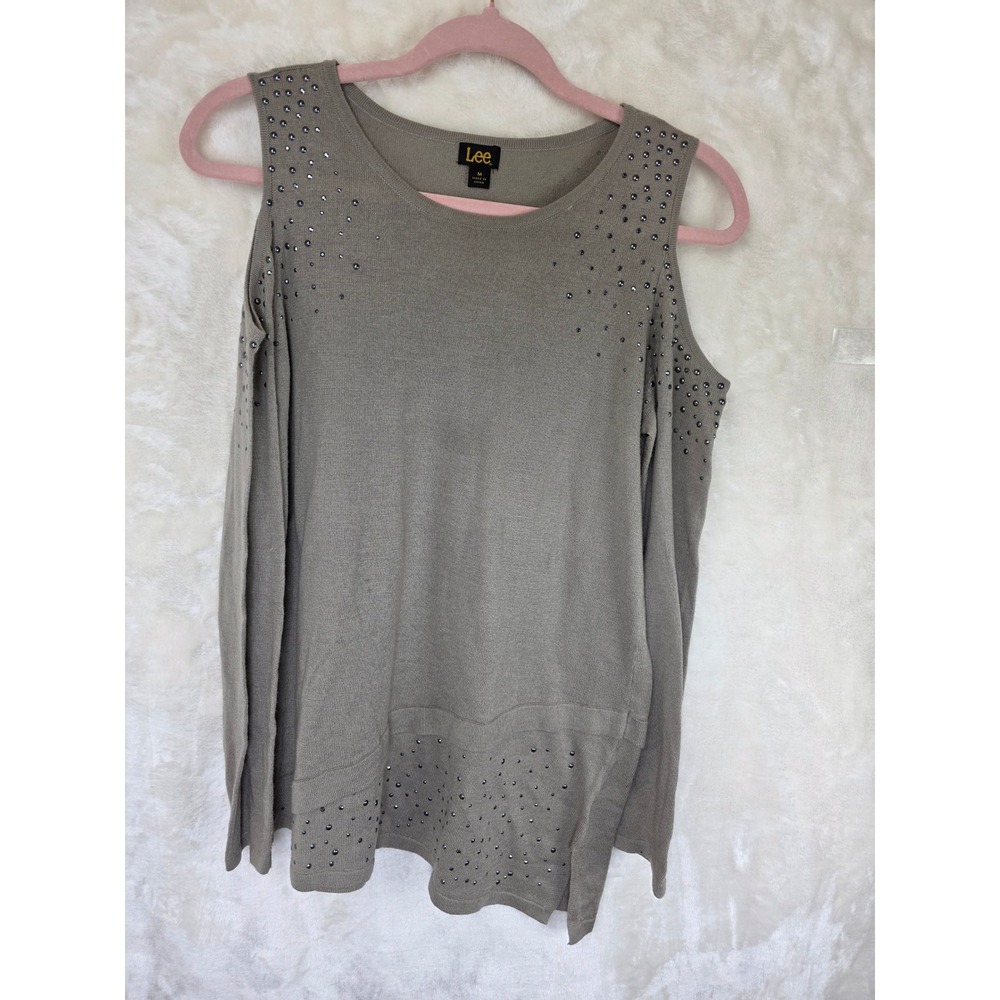 Lee Womens Cold Shoulder Studded Knit Sweater Taupe Brown Medium